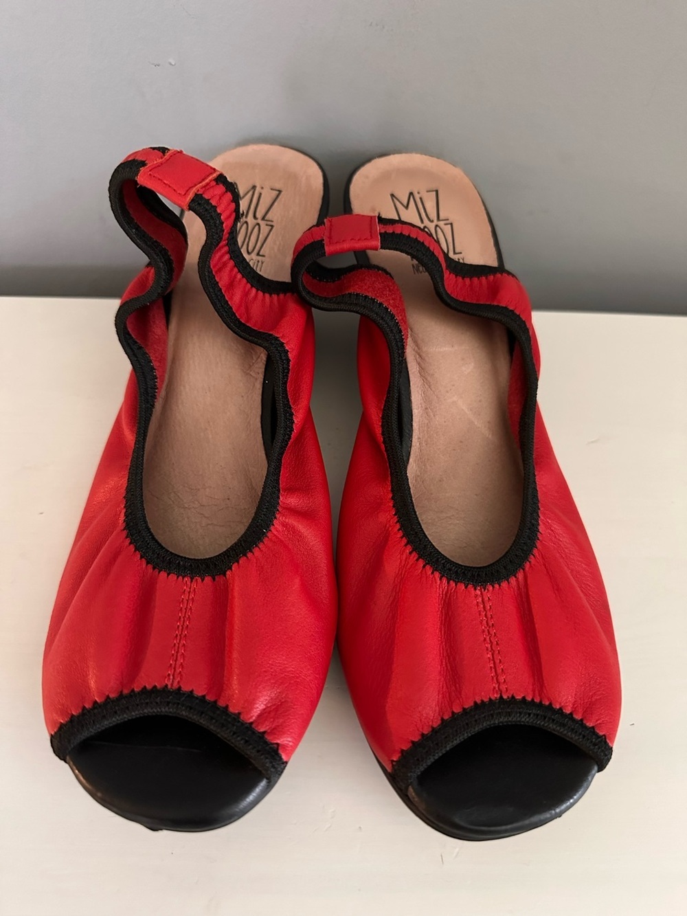 Miz Mooz - Red/Black Leather Sandals, Wedge Heel, Slingback, Peep Toe, Size 7.5